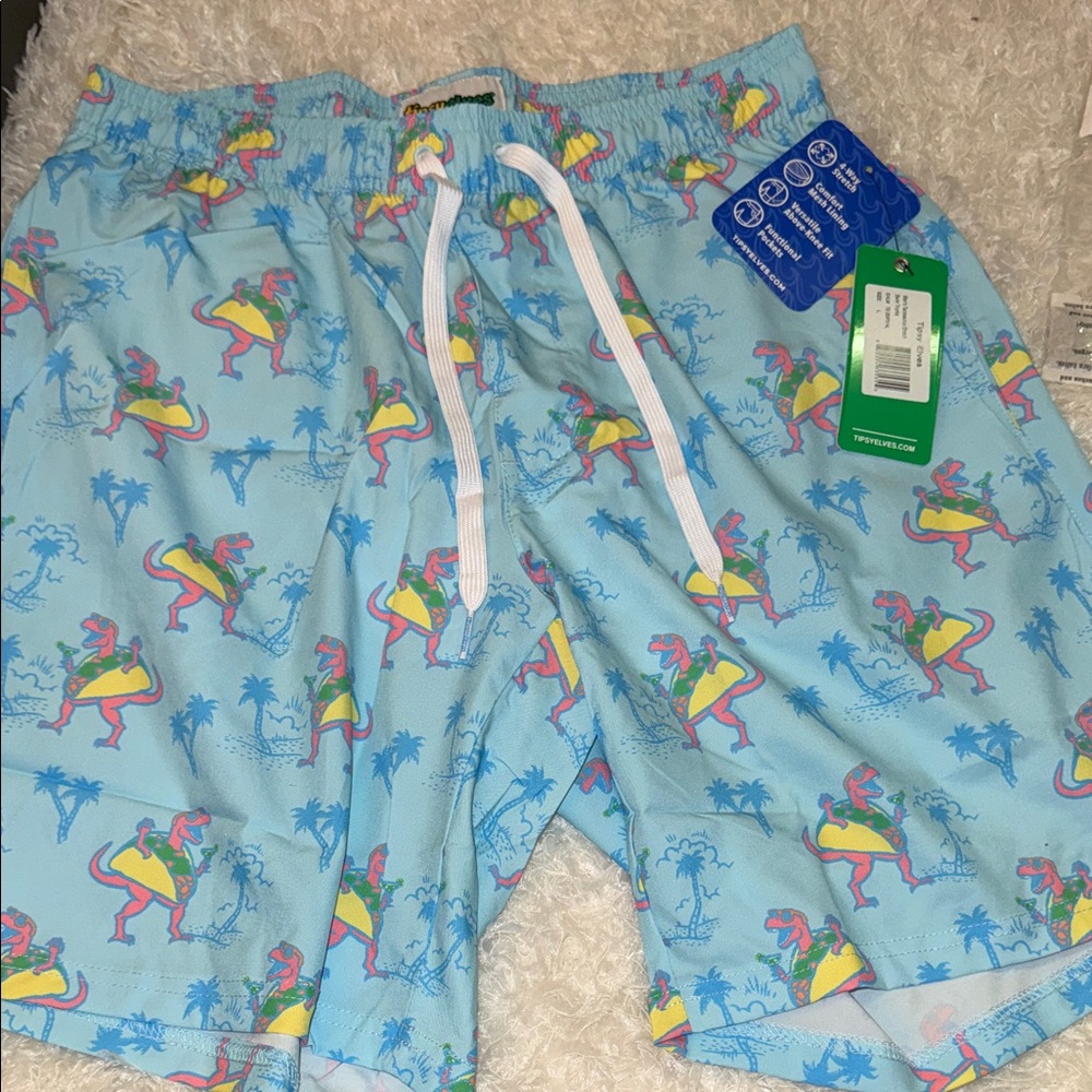 Tipsy Elves Blue Dinosaur Swim Shorts size large NWT
